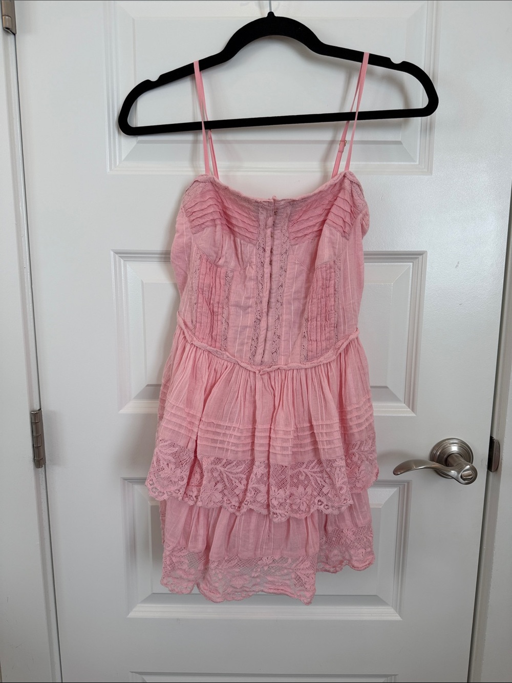 LoveShackFancy Blush Pink Tiered Lace Mini Slip Dress